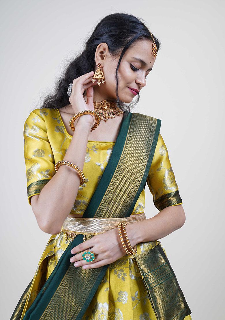 Mustard Zari Work Silk Lehenga Set - Indya