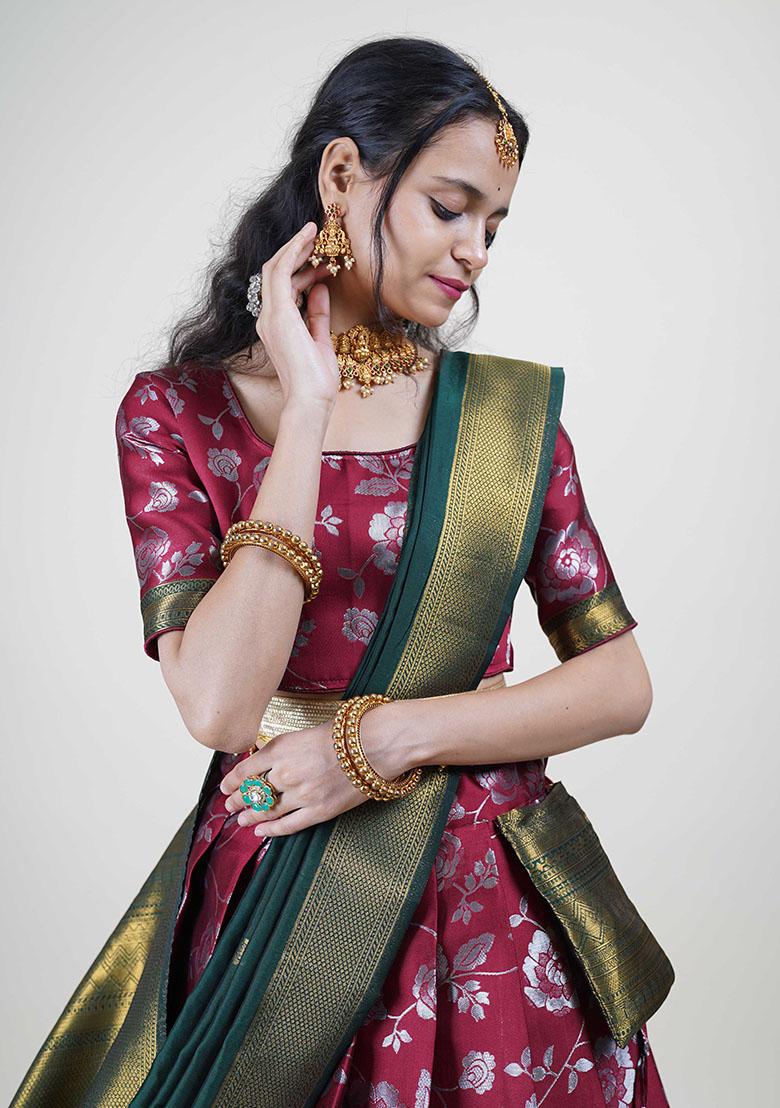 Maroon Zari Work Silk Lehenga Set - Indya
