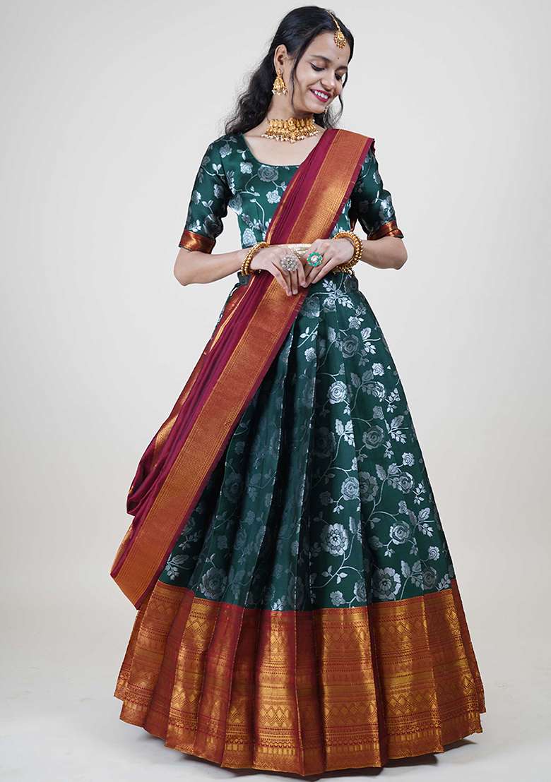 Green Zari Work Silk Blend Lehenga Set for Diwali and Festive Wear - Indya