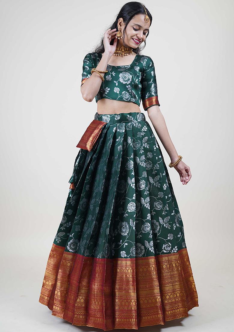 Green Zari Work Silk Lehenga Set - Indya