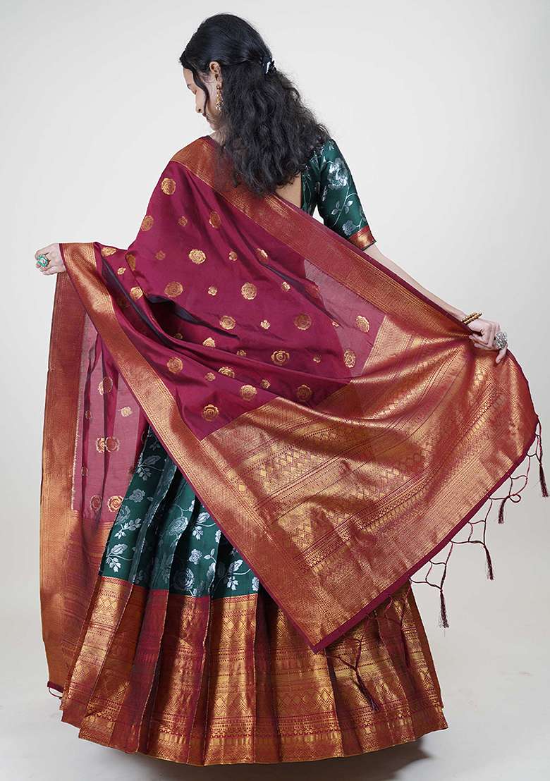 Green Zari Work Silk Blend Lehenga Set for Diwali and Festive Wear - Indya