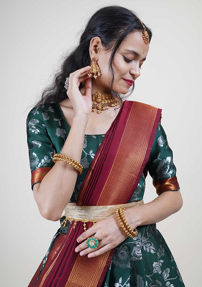 Green Zari Work Silk Lehenga Set - Indya
