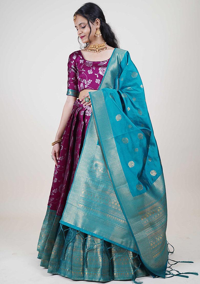 Wine Zari Work Silk Lehenga Set - Indya
