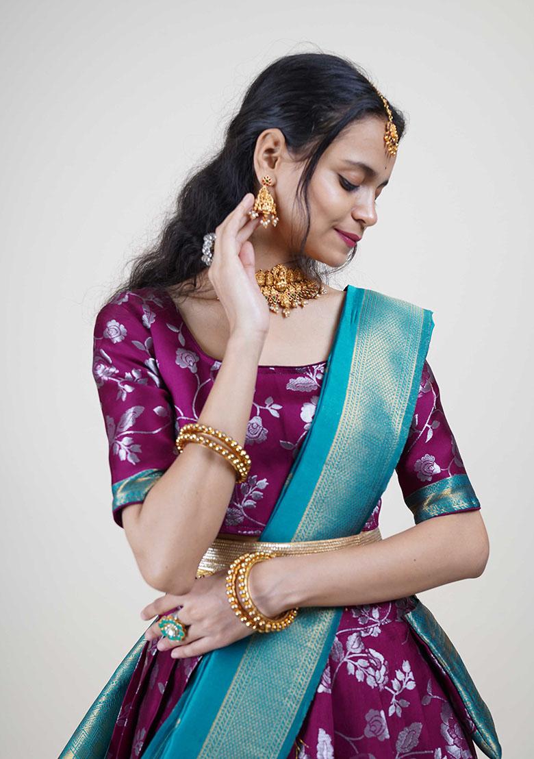 Wine Zari Work Silk Lehenga Set - Indya