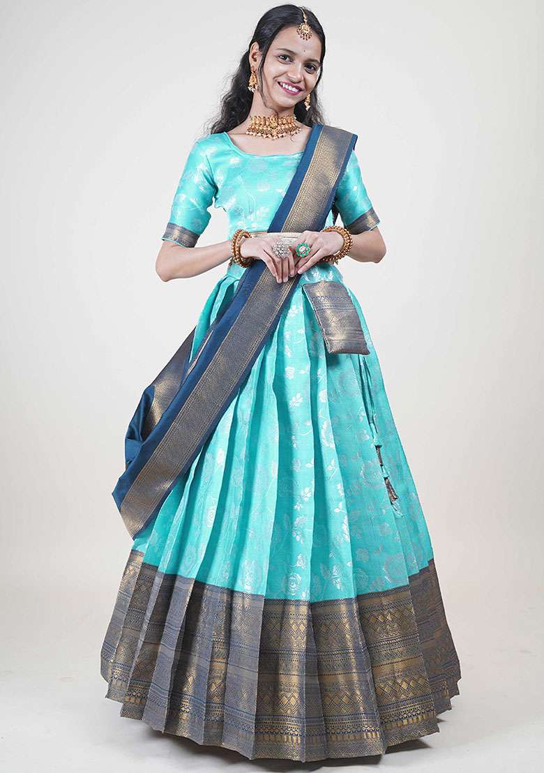 Sky Blue Silk Blend Lehenga Set with Zari Work for Diwali | Wedding & Festive Wear - Indya