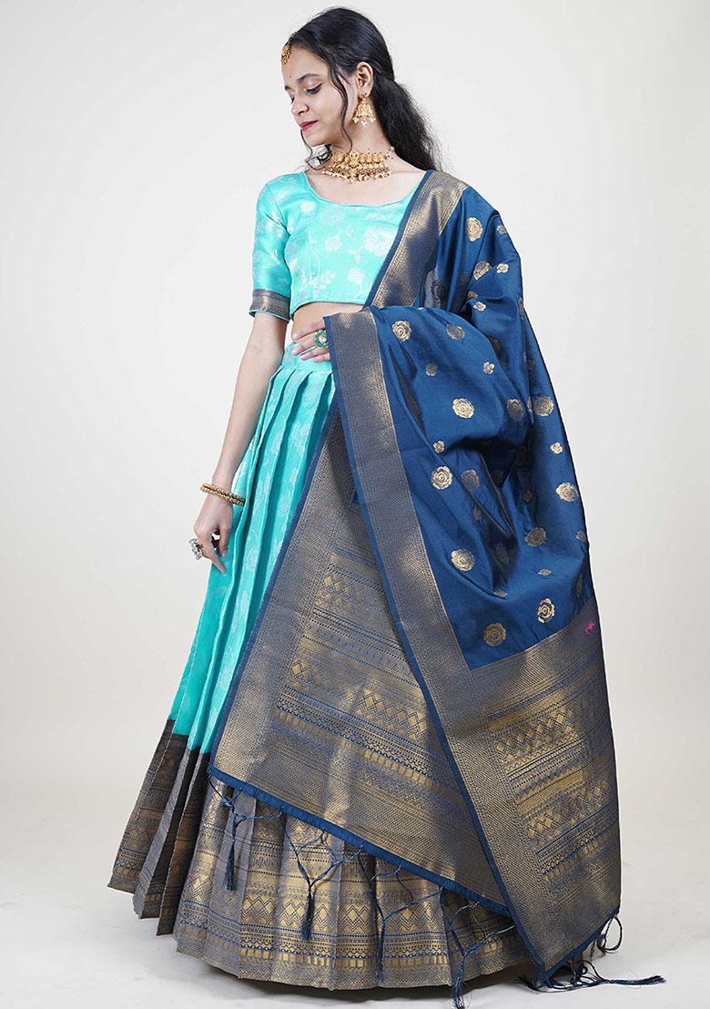 Sky Blue Zari Work Silk Lehenga Set - Indya