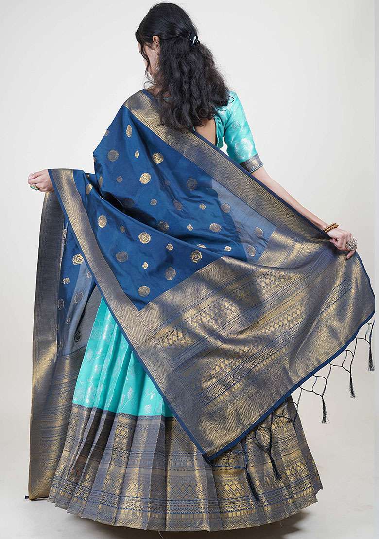 Sky Blue Silk Blend Lehenga Set with Zari Work for Diwali | Wedding & Festive Wear - Indya