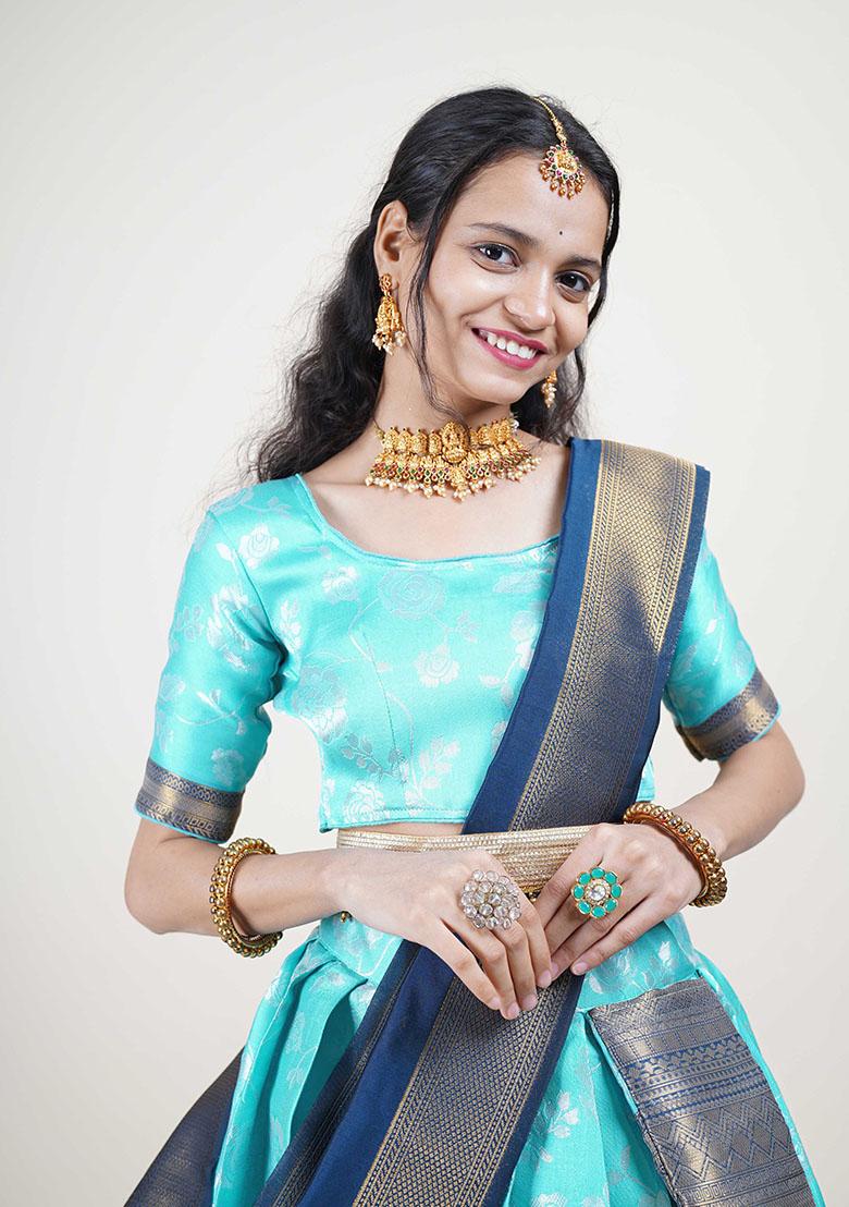 Sky Blue Zari Work Silk Lehenga Set - Indya