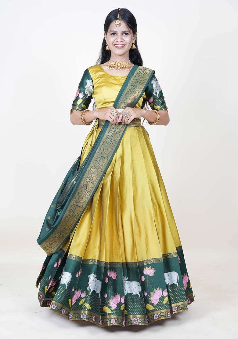 Yellow Zari Work Silk Blend Lehenga Set for Diwali and Festive Wear - Indya