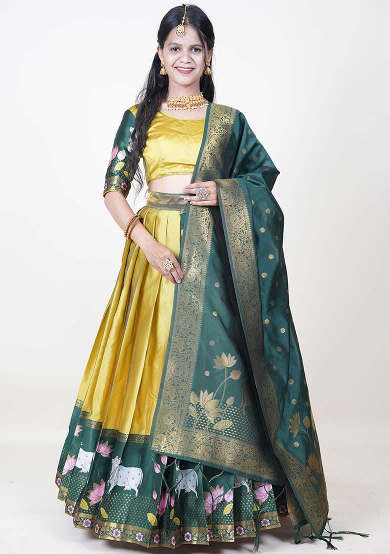 Yellow Zari Work Silk Lehenga Set - Indya