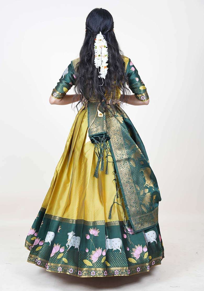 Yellow Zari Work Silk Blend Lehenga Set for Diwali and Festive Wear - Indya
