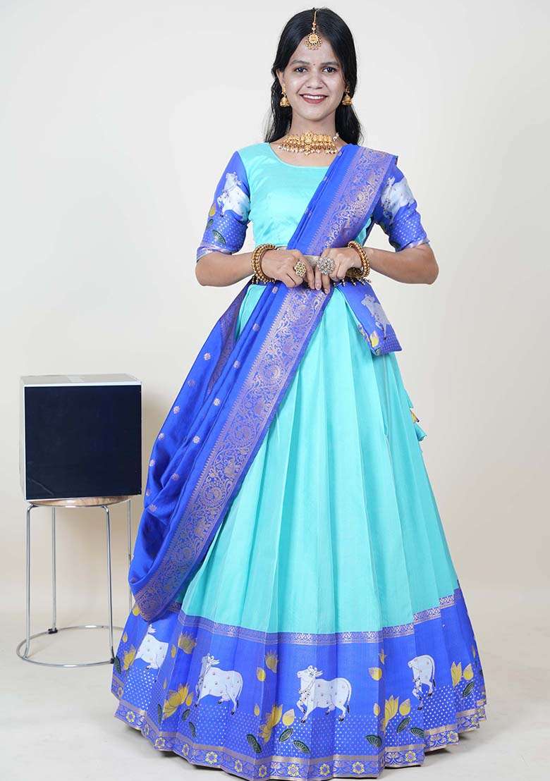 Sky Blue Zari Work Silk Blend Lehenga Set for Diwali and Festive Wear - Indya