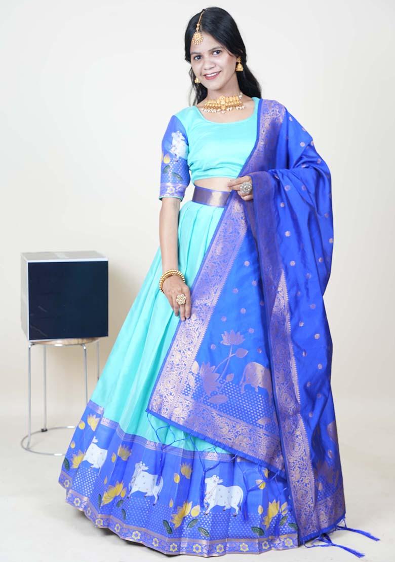 Sky Blue Zari Work Silk Lehenga Set - Indya