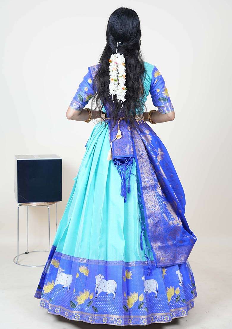 Sky Blue Zari Work Silk Blend Lehenga Set for Diwali and Festive Wear - Indya