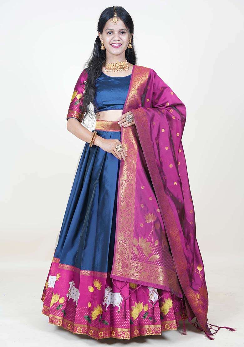 Navy Blue Zari Work Silk Blend Lehenga Set for Diwali and Festive Wear - Indya