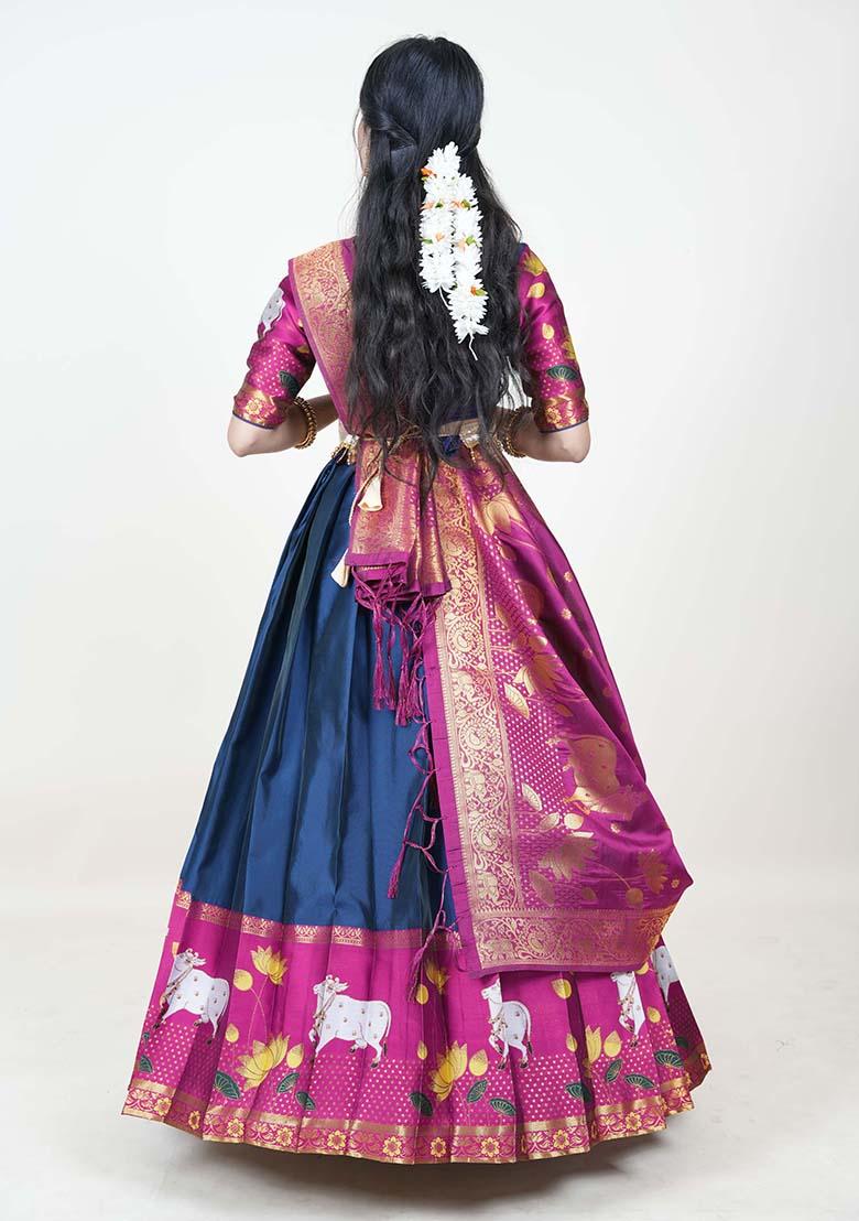 Navy Blue Zari Work Silk Lehenga Set - Indya