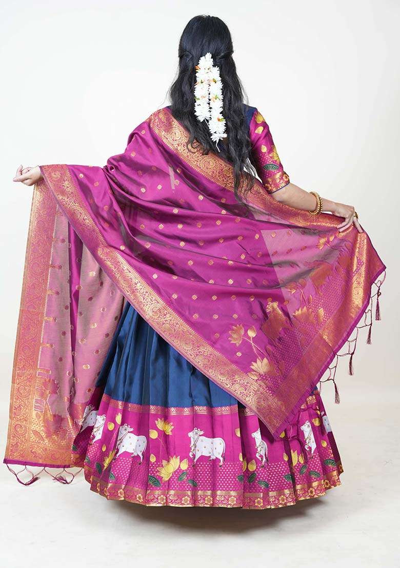 Navy Blue Zari Work Silk Blend Lehenga Set for Diwali and Festive Wear - Indya