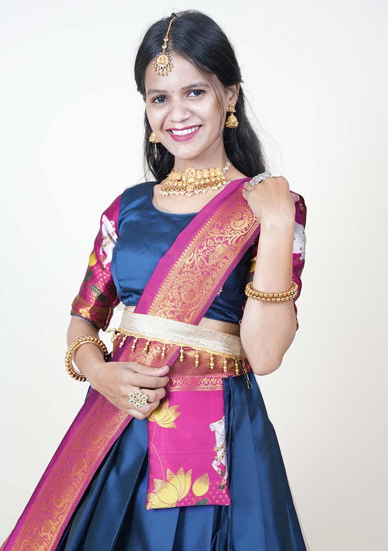 Navy Blue Zari Work Silk Lehenga Set - Indya