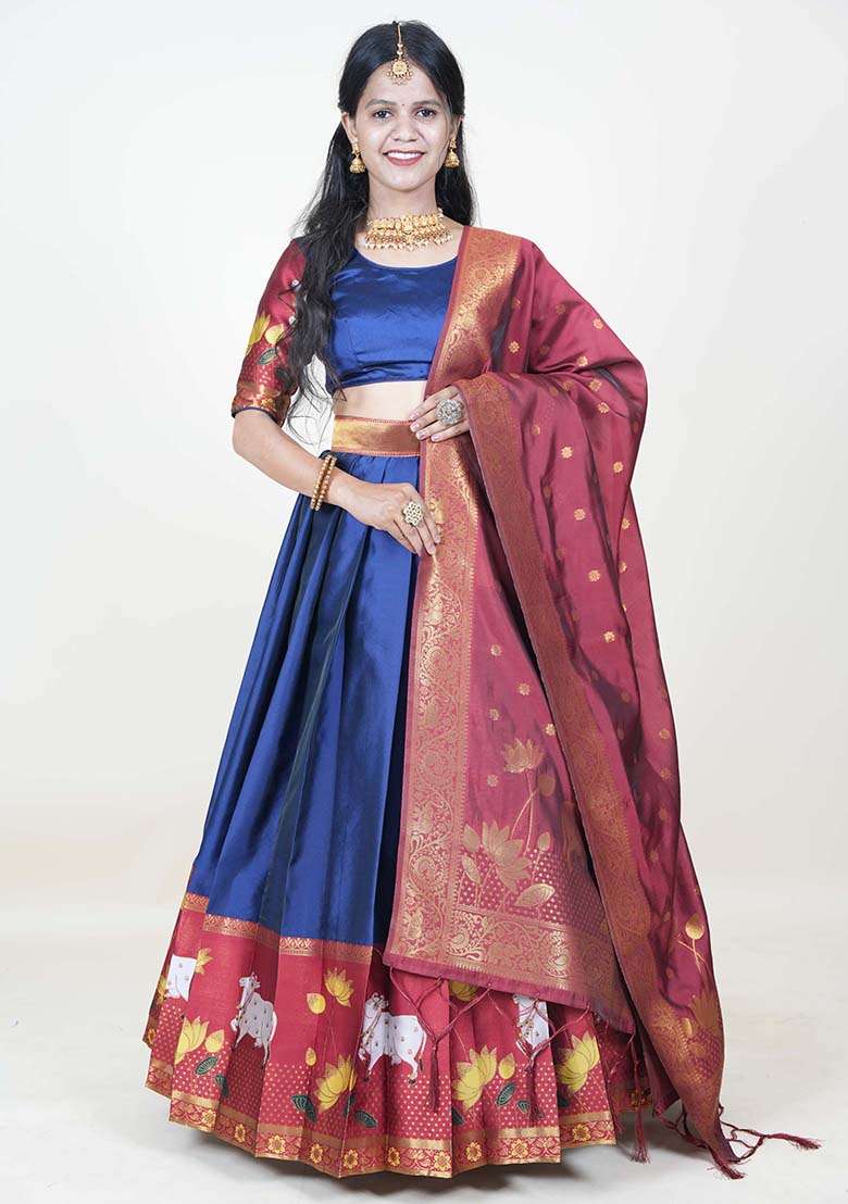 Navy Blue Silk Blend Lehenga Set with Zari Work for Diwali | Wedding & Festive Wear - Indya