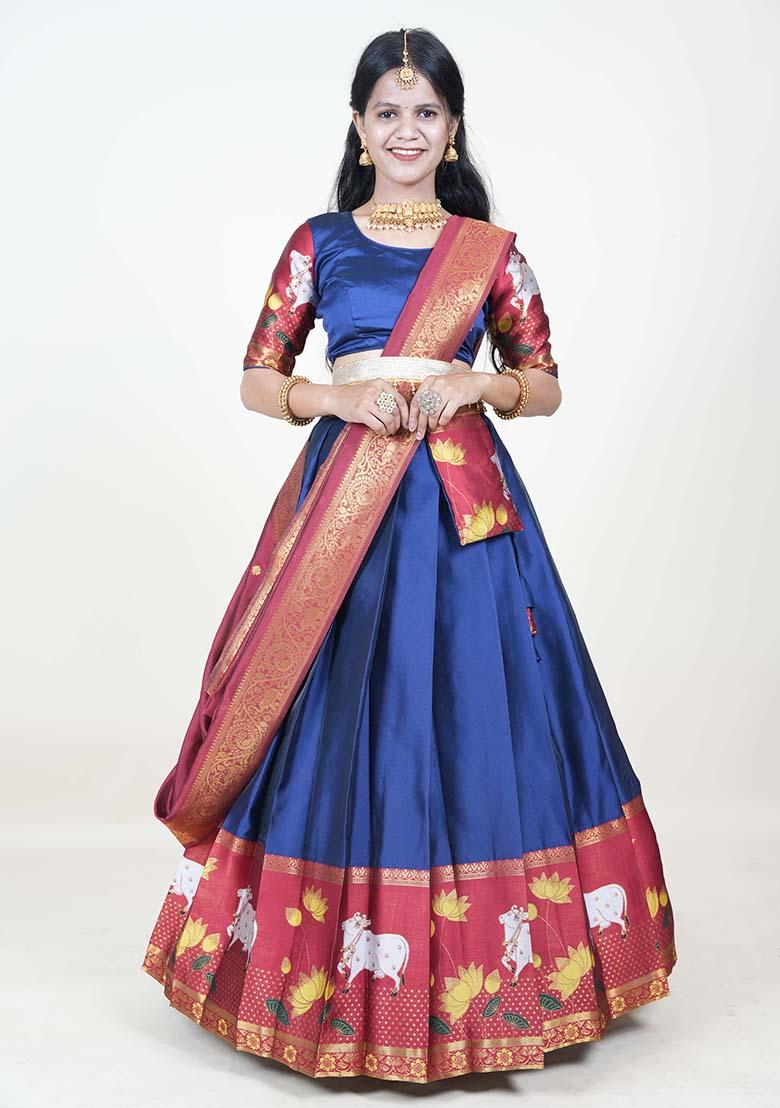 Navy Blue Zari Work Silk Lehenga Set - Indya