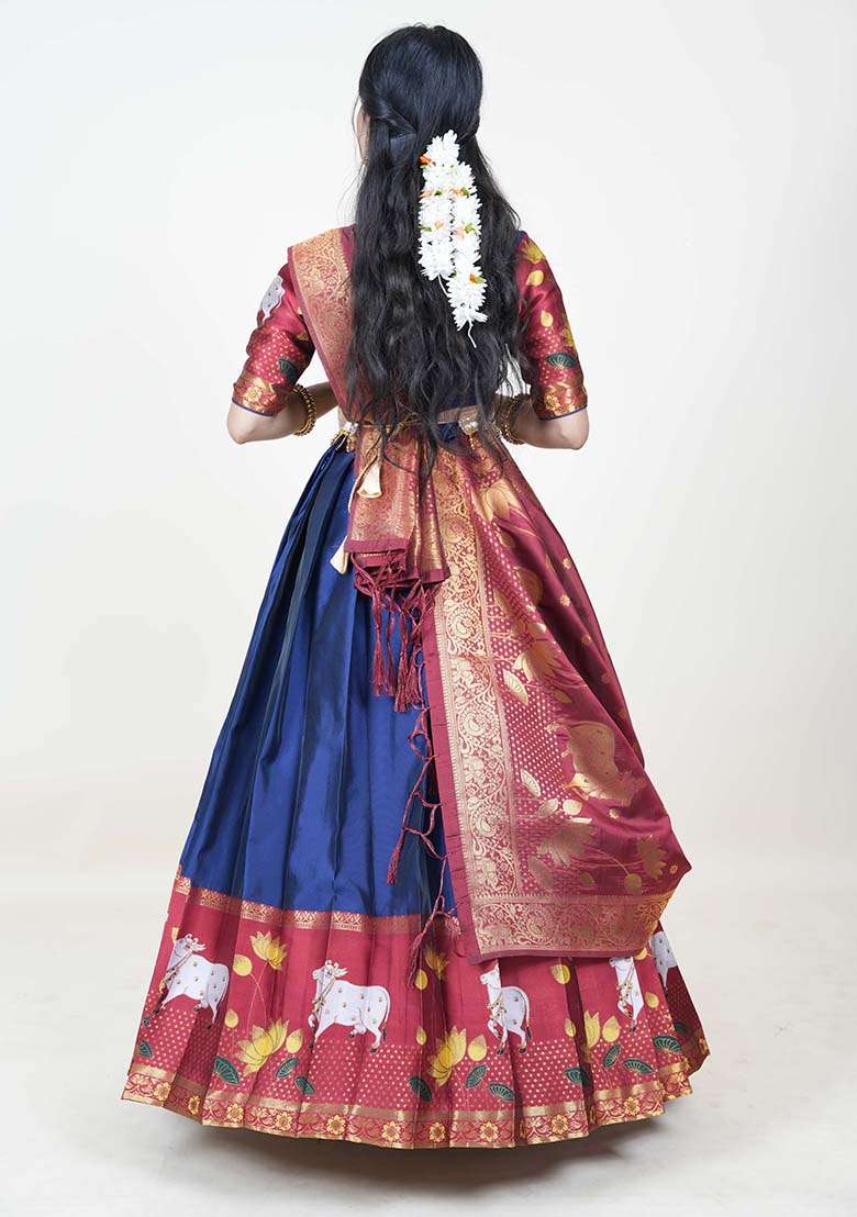 Navy Blue Silk Blend Lehenga Set with Zari Work for Diwali | Wedding & Festive Wear - Indya