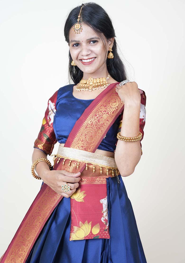 Navy Blue Zari Work Silk Lehenga Set - Indya