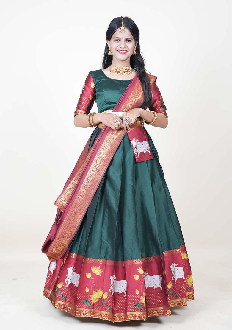 Green Zari Work Silk Lehenga Set - Indya