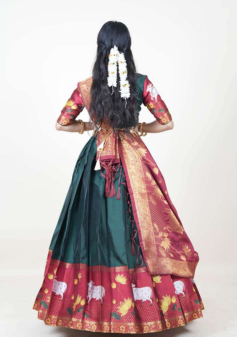 Green Silk Blend Lehenga Set with Zari Work for Diwali | Wedding & Festive Wear - Indya
