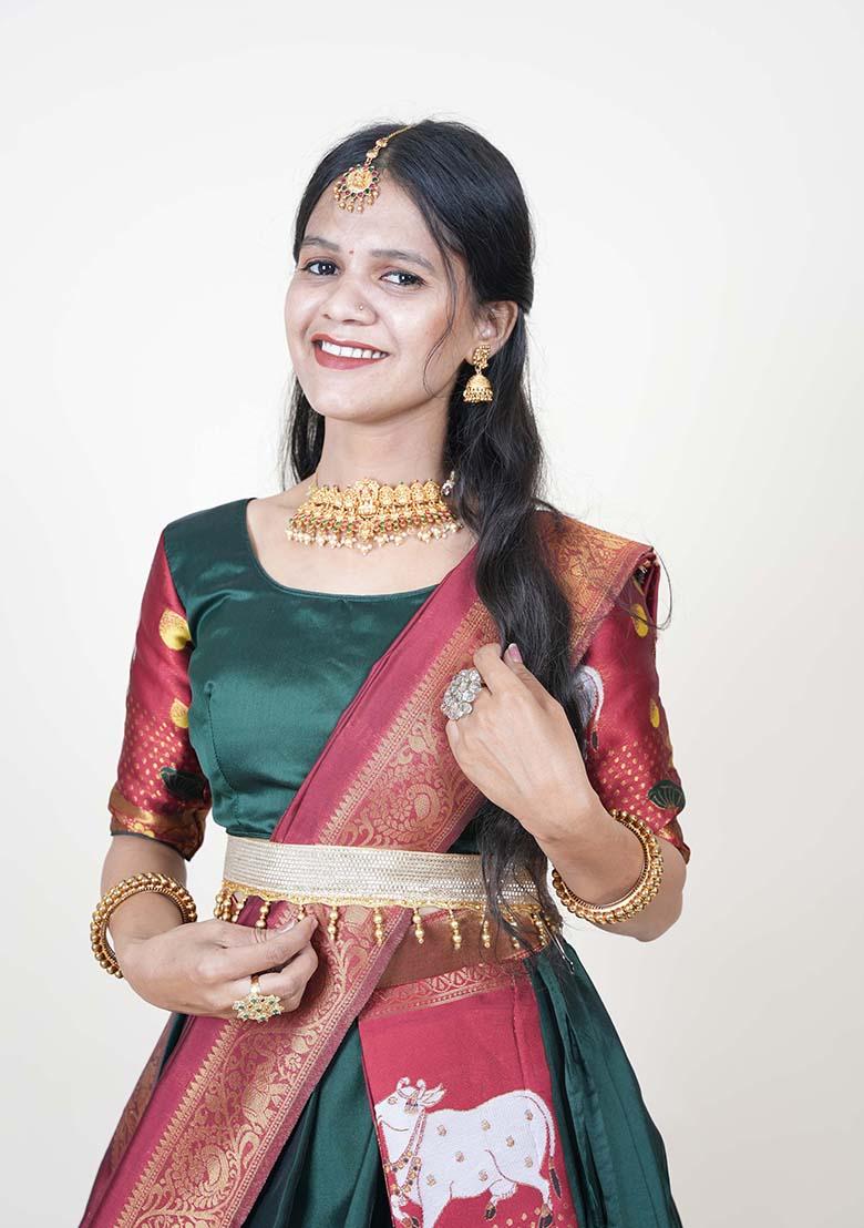 Green Zari Work Silk Lehenga Set - Indya