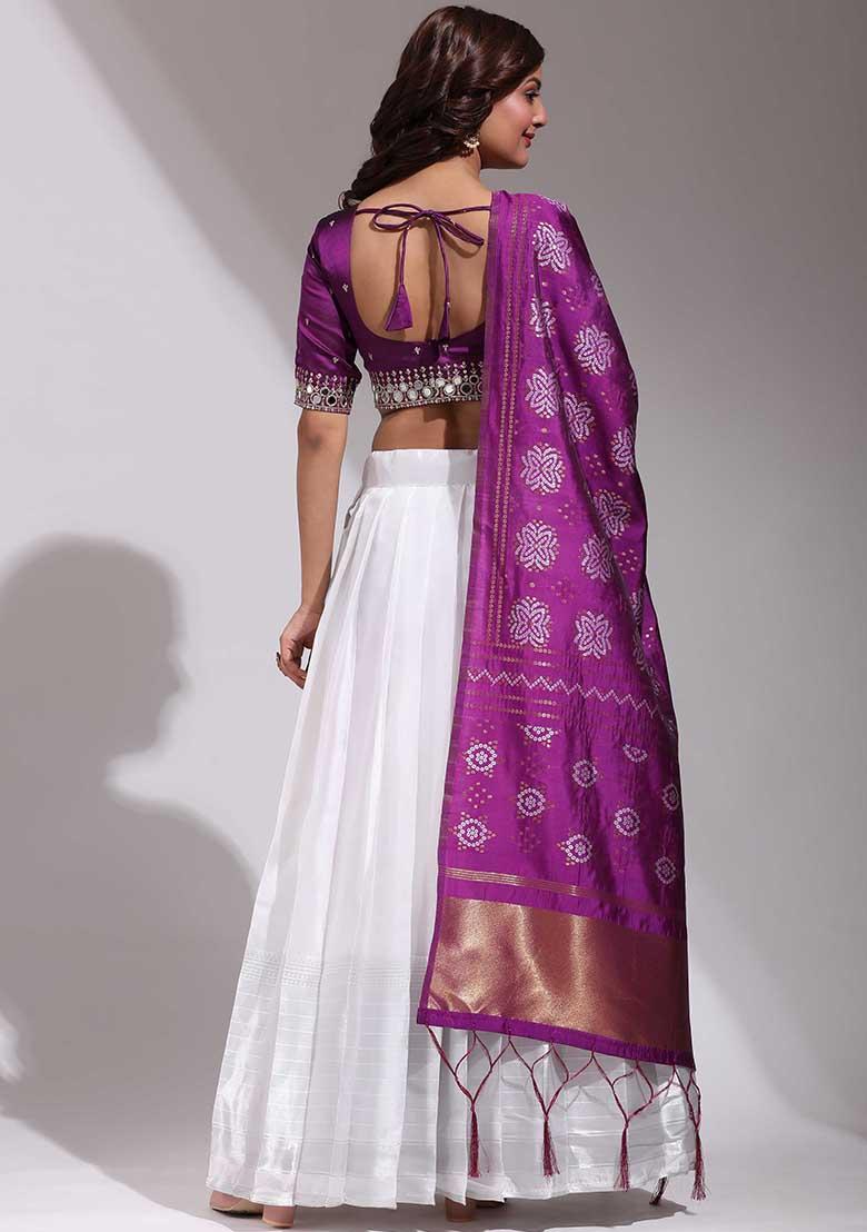 White Zari Work Silk Lehenga Set - Indya