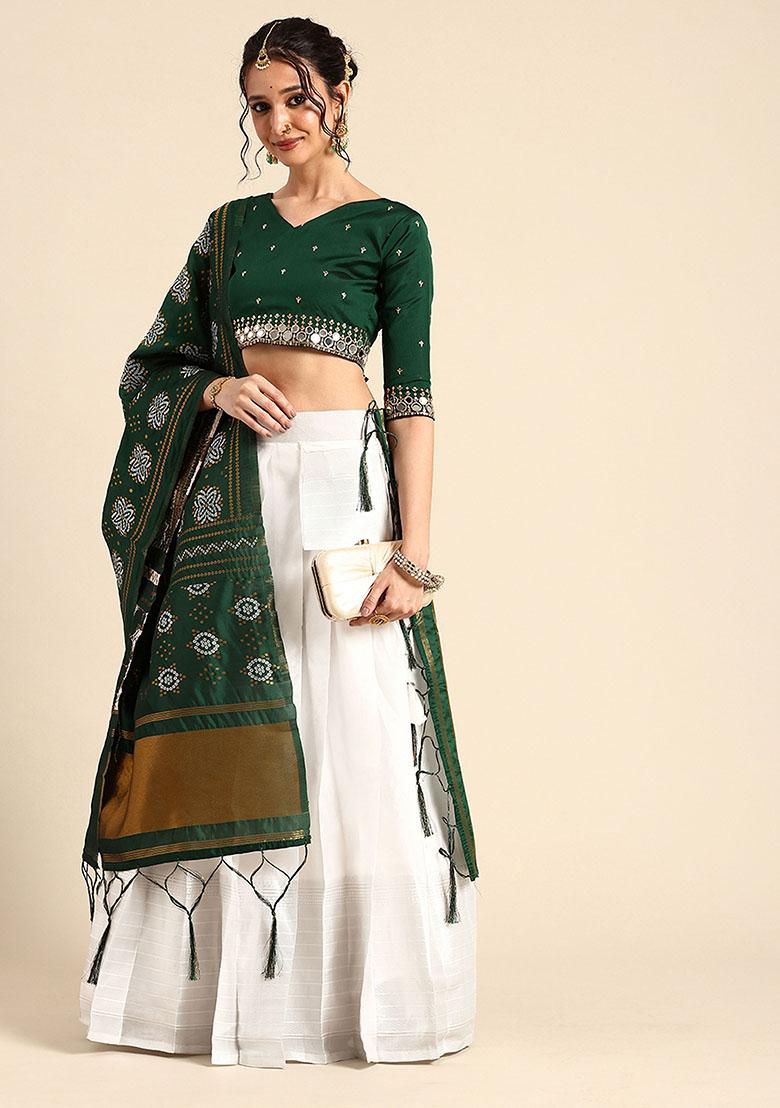 White Zari Work Silk Lehenga Set - Indya