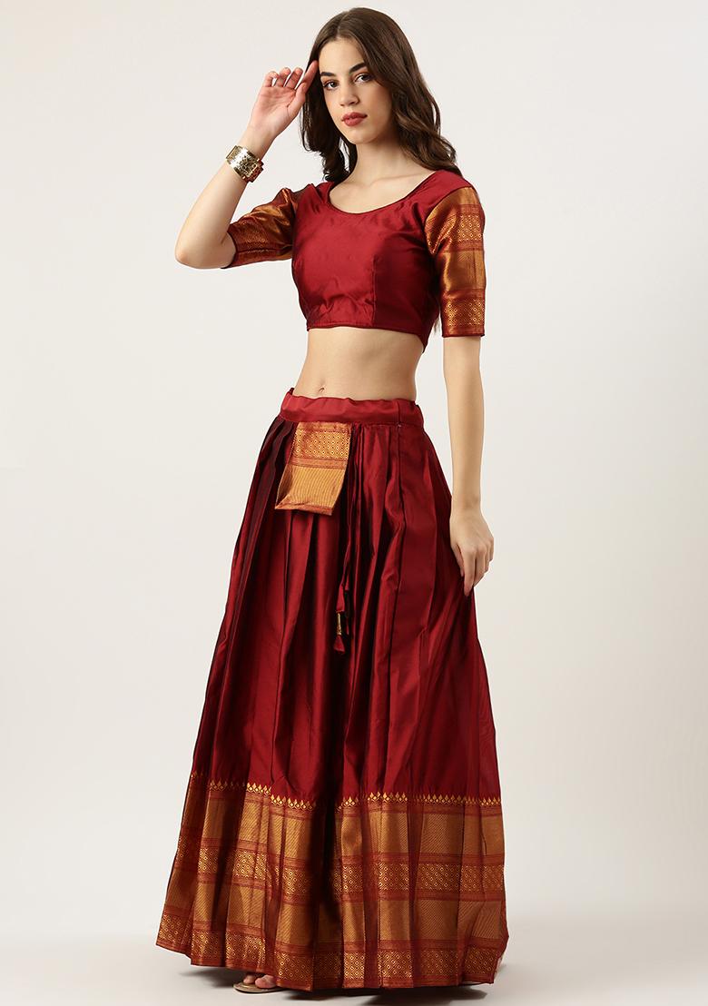 Maroon Zari Work Silk Lehenga Set - Indya