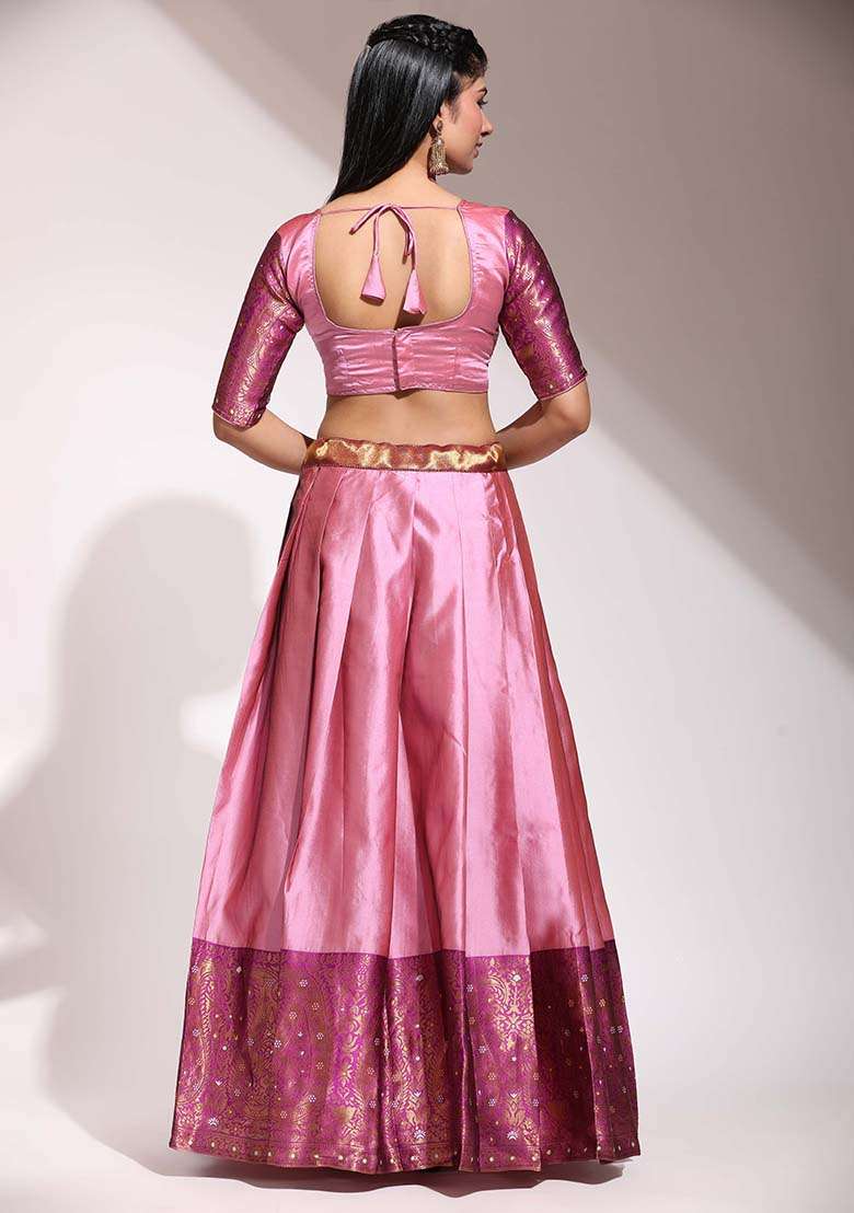 Pink Zari Work Silk Blend Lehenga Set for Diwali and Festive Wear - Indya
