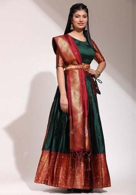 Green Zari Work Silk Lehenga Set