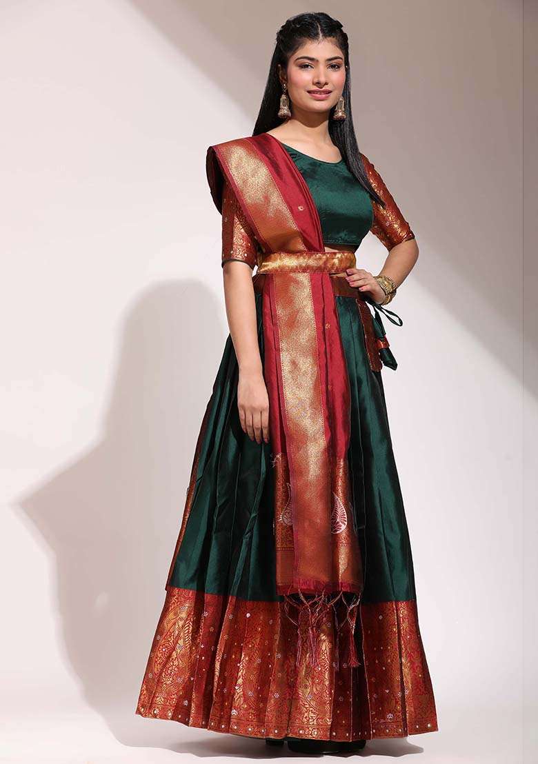 Green Zari Work Silk Blend Lehenga Set for Diwali and Festive Wear - Indya