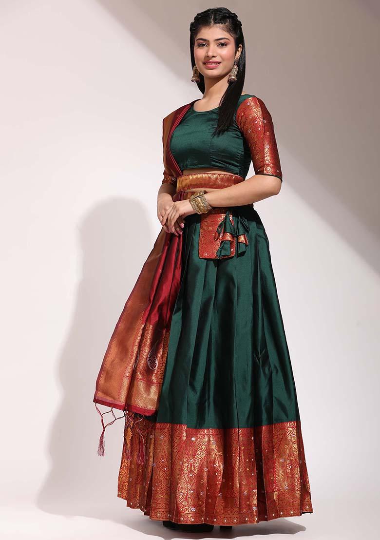 Green Zari Work Silk Lehenga Set - Indya