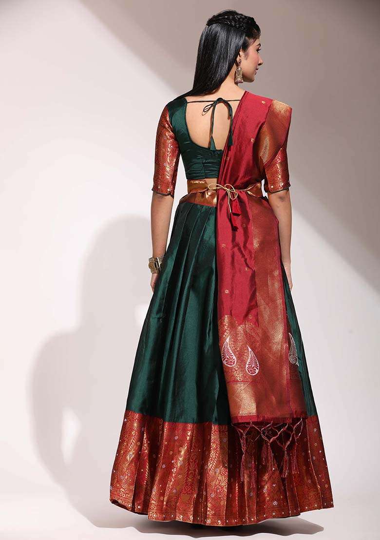 Green Zari Work Silk Blend Lehenga Set for Diwali and Festive Wear - Indya
