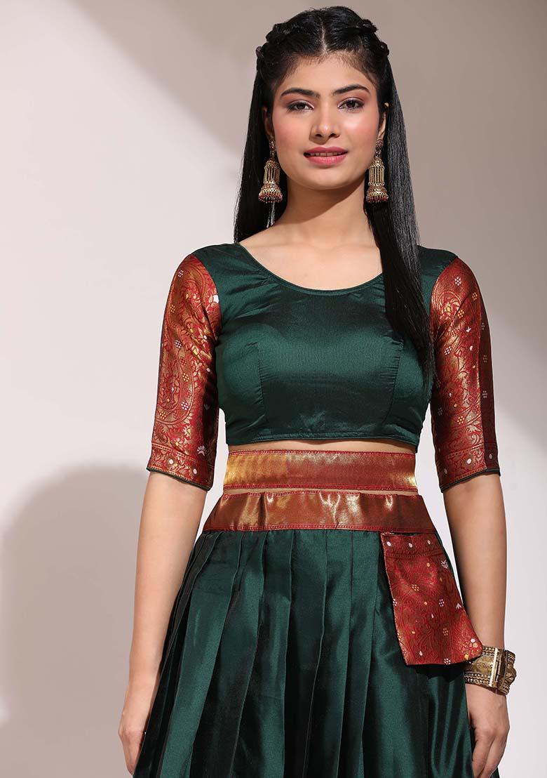 Green Zari Work Silk Lehenga Set - Indya