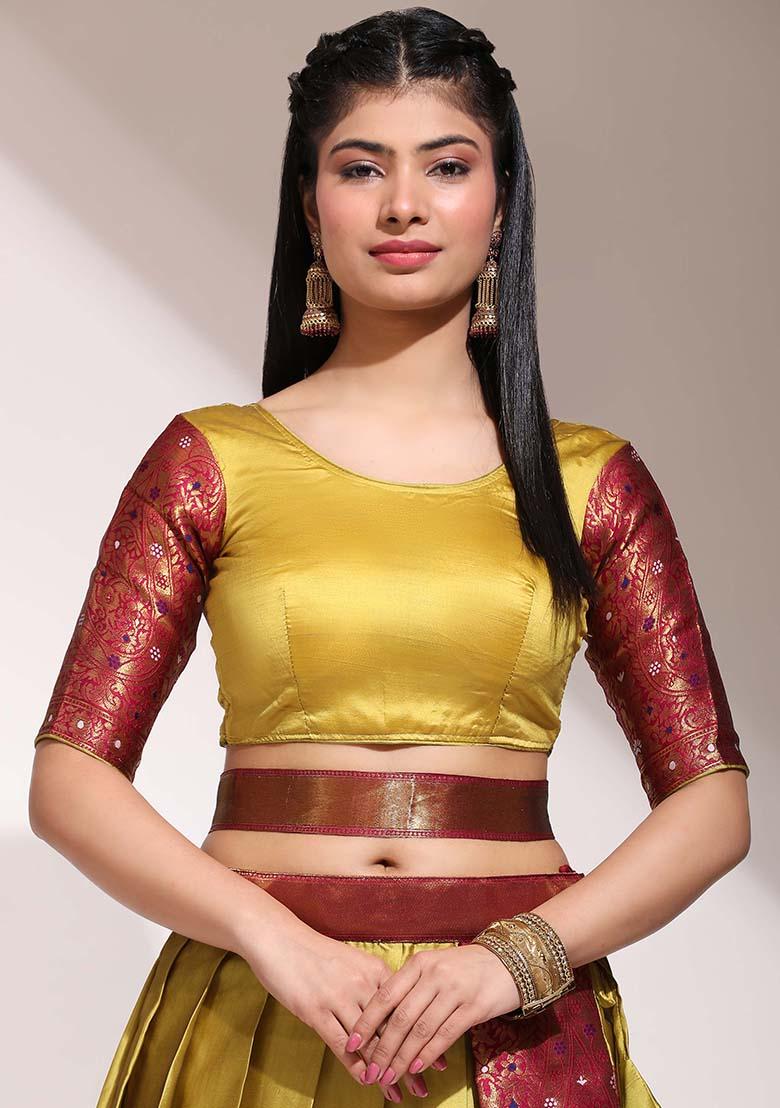 Mustard Zari Work Silk Lehenga Set - Indya