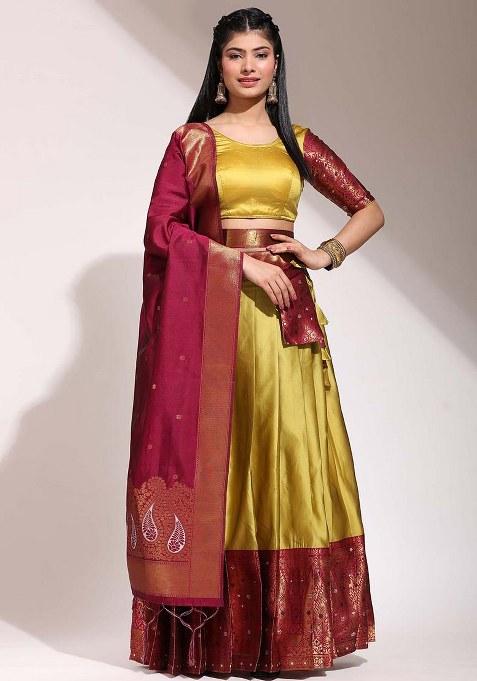 Mustard Zari Work Silk Lehenga Set