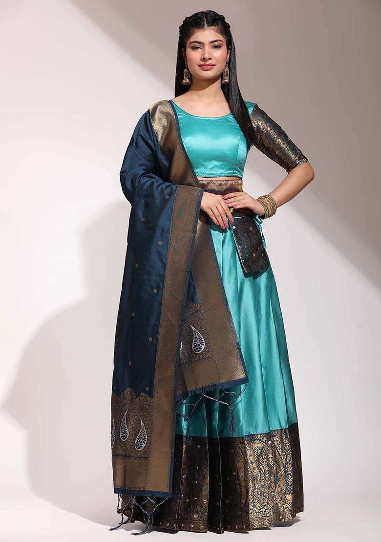 Sky Blue Zari Work Silk Blend Lehenga Set for Diwali and Festive Wear - Indya