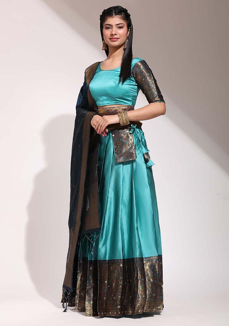 Sky Blue Zari Work Silk Lehenga Set - Indya
