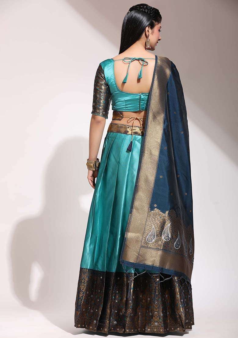 Sky Blue Zari Work Silk Blend Lehenga Set for Diwali and Festive Wear - Indya