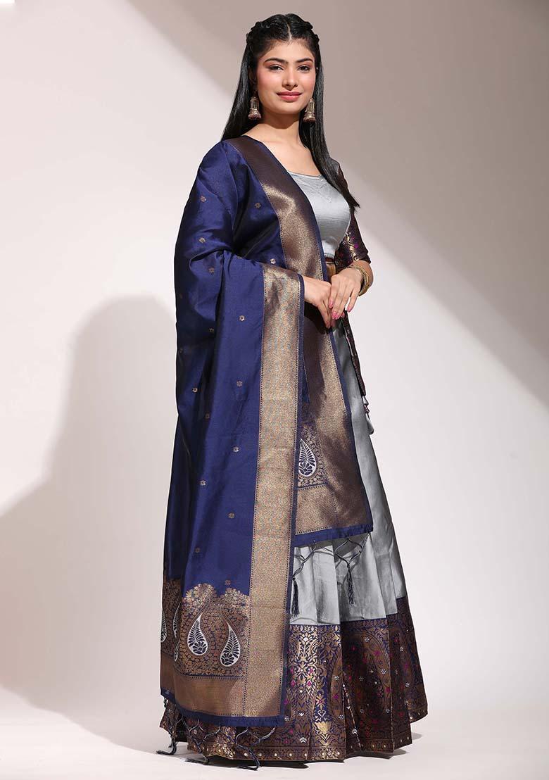 Grey Zari Work Silk Lehenga Set - Indya