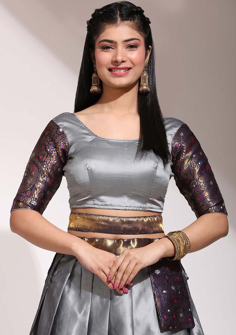 Grey Zari Work Silk Lehenga Set - Indya