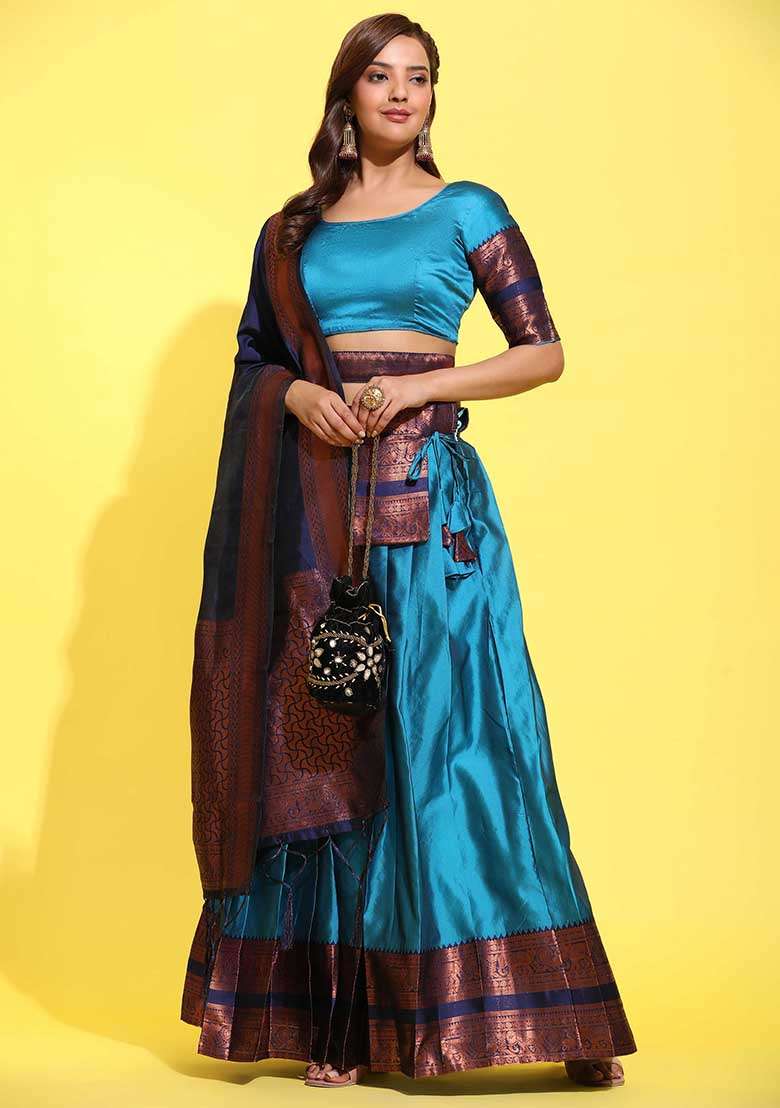 Sky Blue Zari Work Silk Blend Lehenga Set for Diwali and Festive Wear - Indya