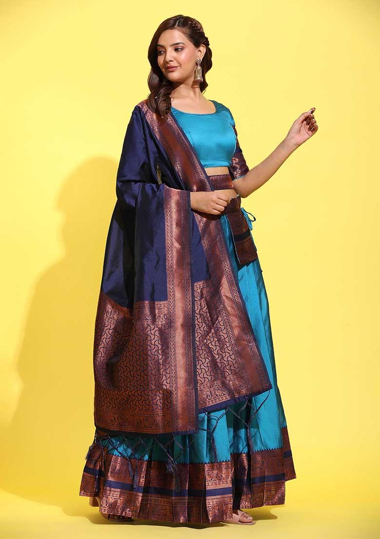Sky Blue Zari Work Silk Lehenga Set - Indya