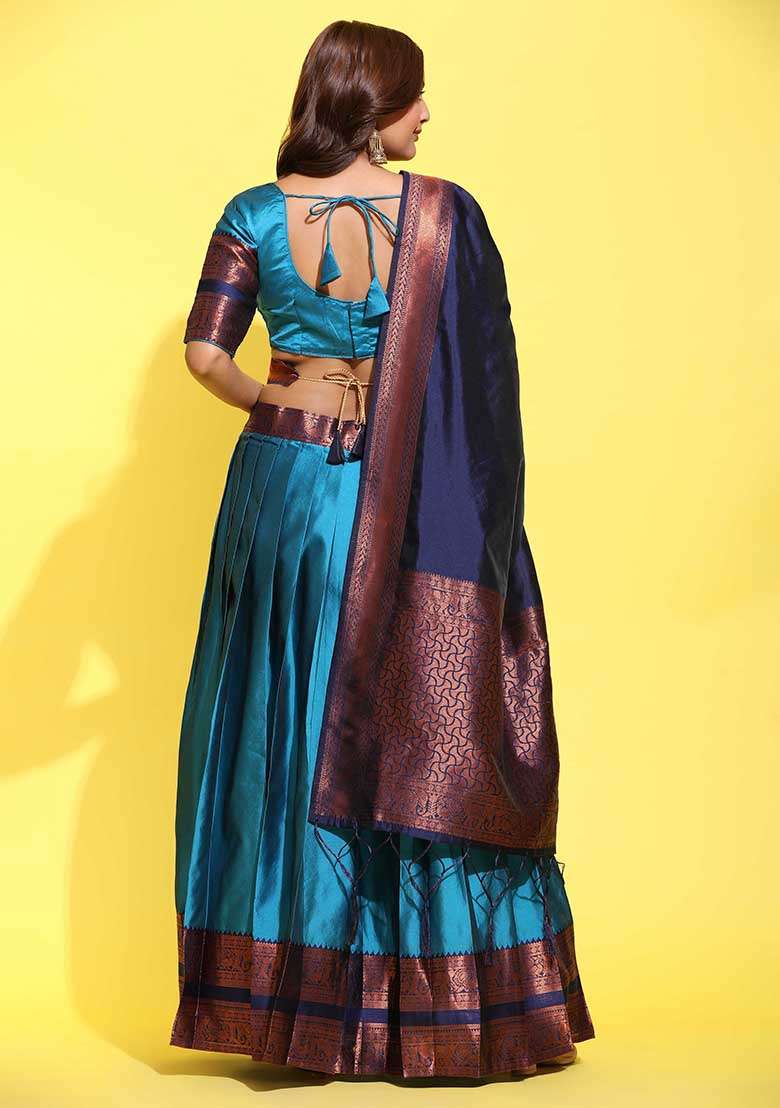 Sky Blue Zari Work Silk Blend Lehenga Set for Diwali and Festive Wear - Indya