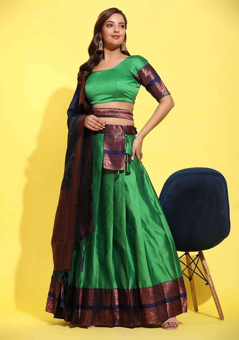 Green Zari Work Silk Blend Lehenga Set for Diwali and Festive Wear - Indya