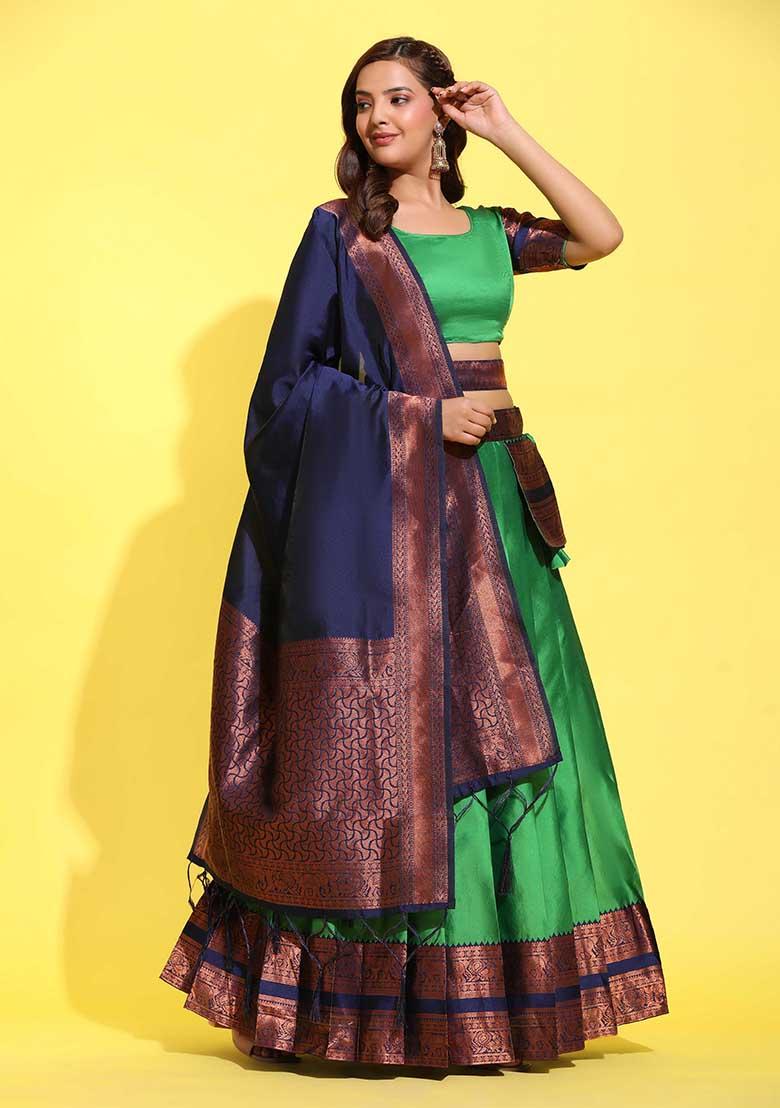 Green Zari Work Silk Lehenga Set - Indya